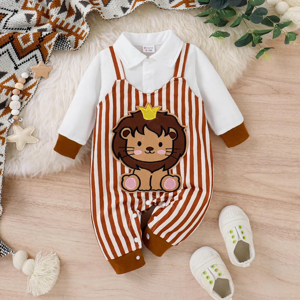 Baby Boy Girl Lion Embroidered Brown Striped Faux two Long sleeve Jumpsuit - Monetha