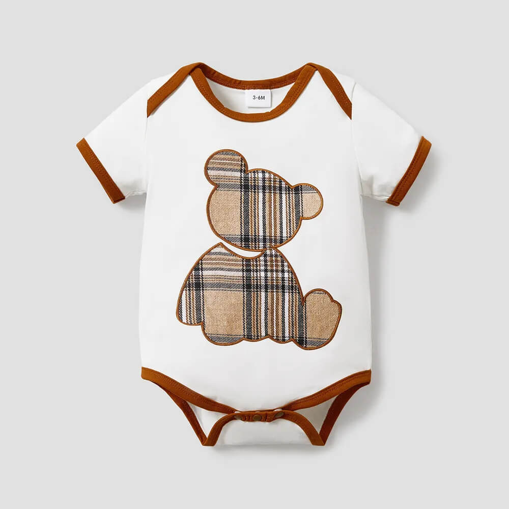 Baby BoyGirl Plaid Bear Graphic Short sleeve Romper - Monetha