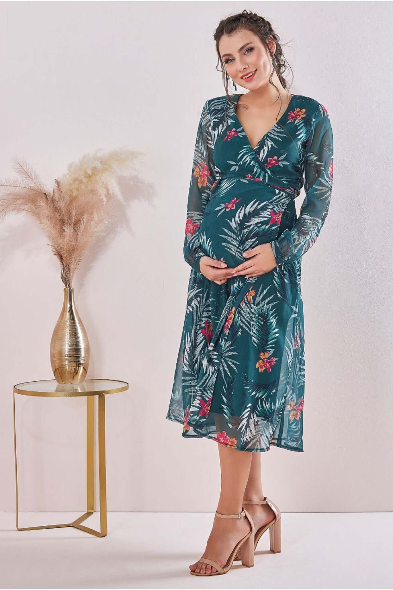 GODDIVA MATERNITY FLORAL PRINT WRAP MIDI GREEN - Monetha