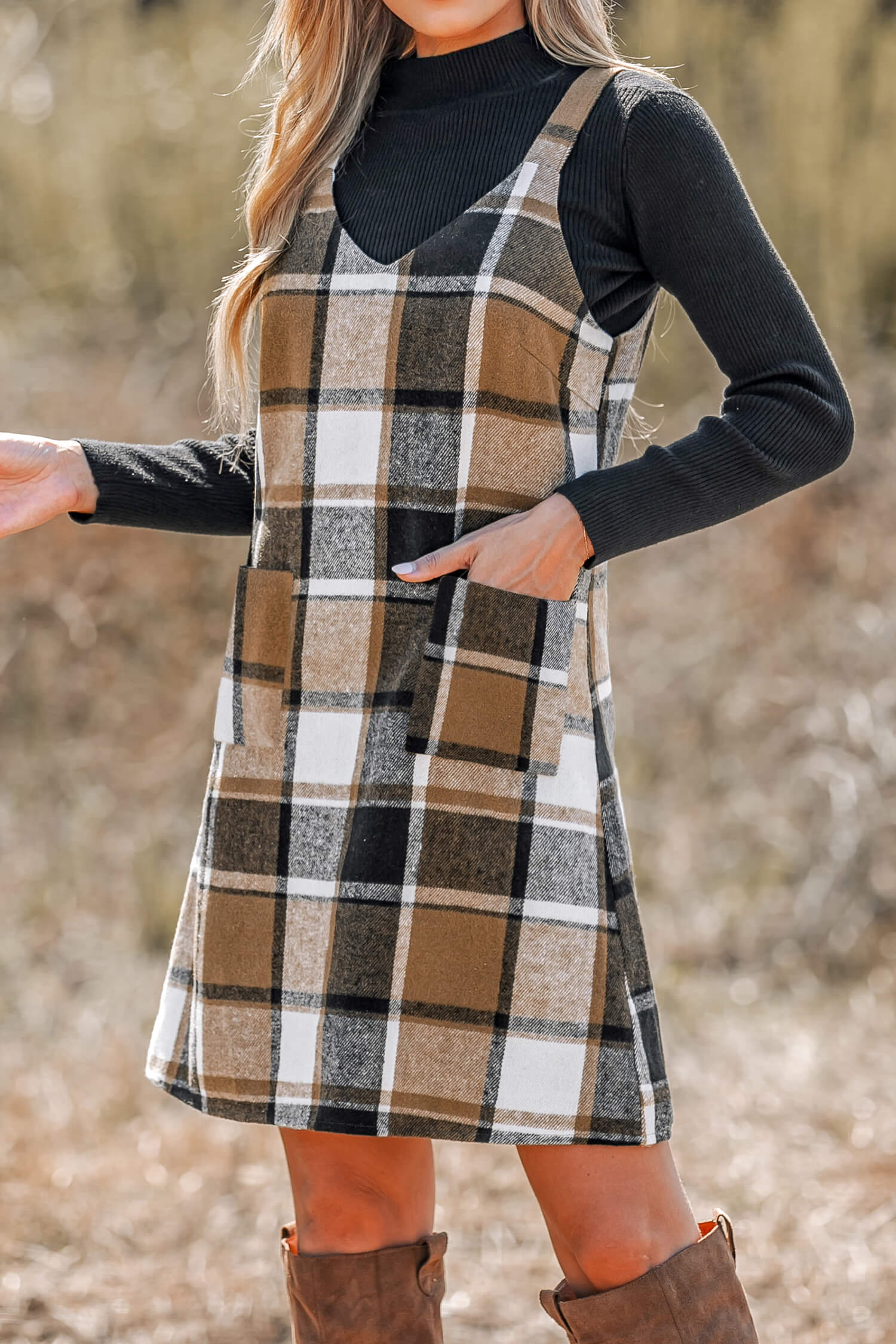 Plaid V Neck Mini Pinafore Dress - Monetha