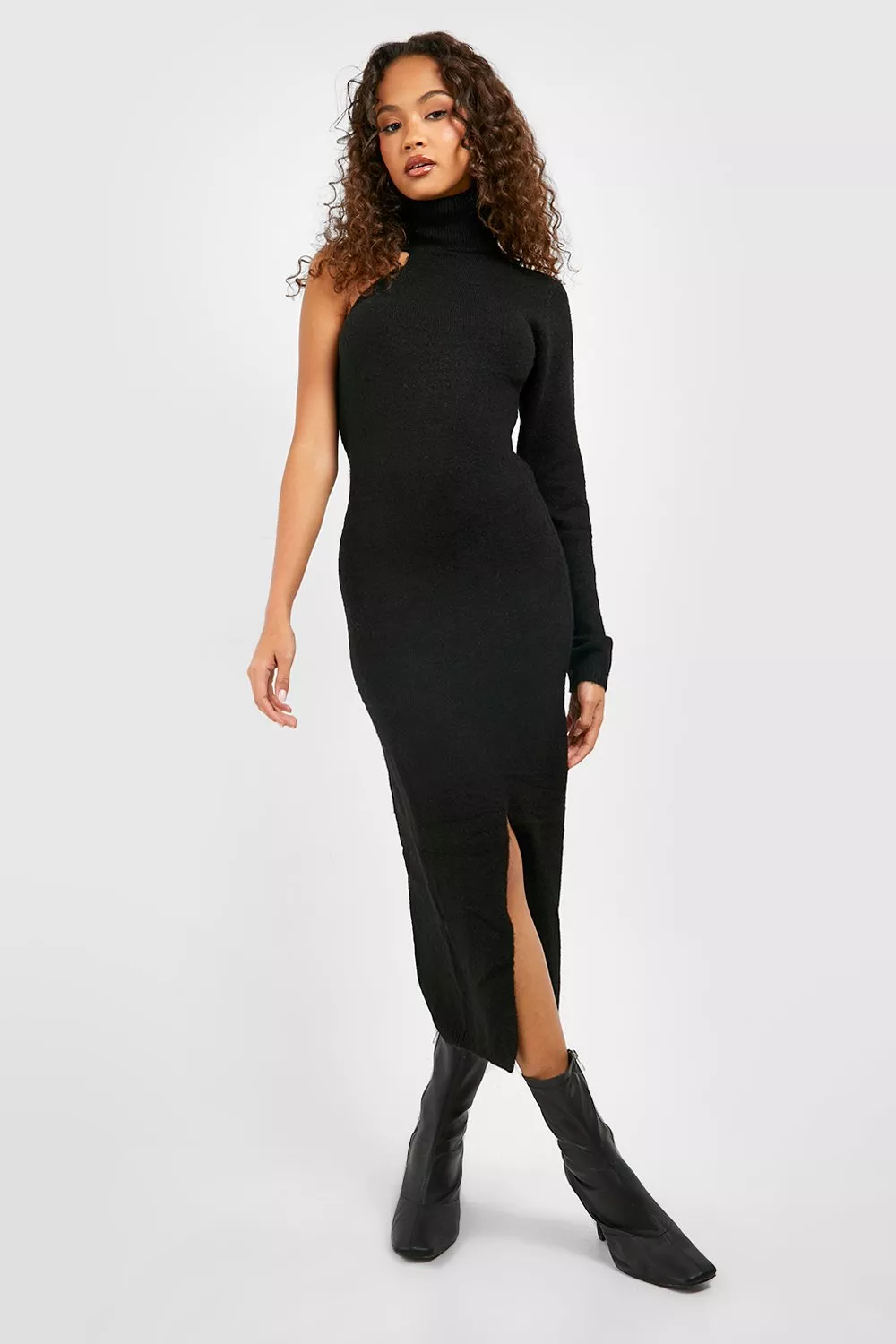 TURTLENECK ASYMMETRIC SLEEVE MIDI KNIT DRESS Discounts and Cashback