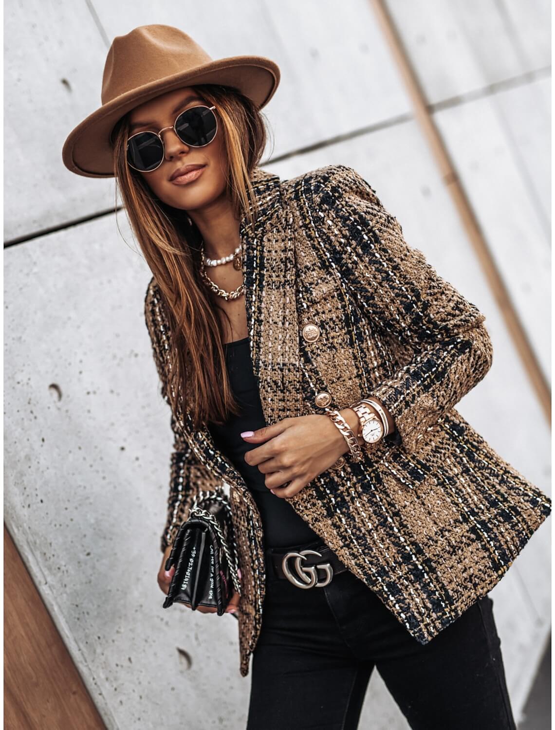 Womens Blazer Tweed Plaid Long Sleeve Coat - Monetha