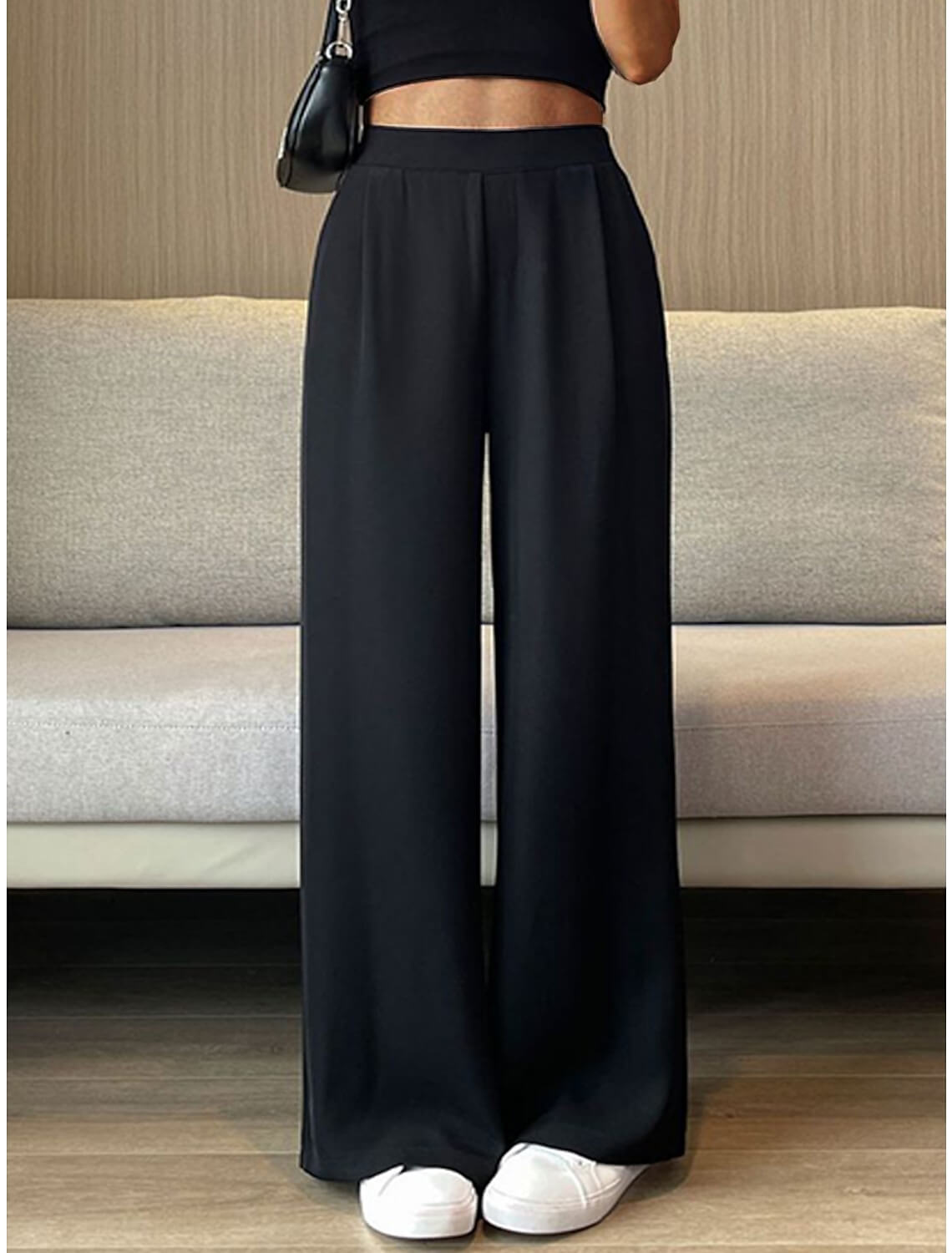 Womens Dress Pants Wide Leg Pants Trousers Black - Monetha