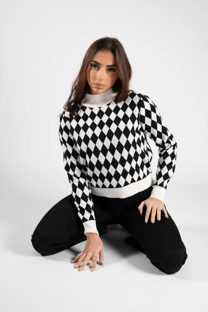 Black Diamond Check Print High Neck Jumper Discounts and Cashback